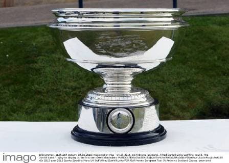 04.10.2015. St Andrews, Scotland. Alfred Dunhill Links Golf final round. The Dunhill Links Trophy on display at the first tee xDavidxBlunsdenx  ActionPlus11669283