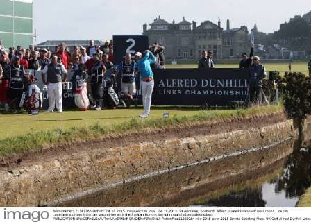 04.10.2015. St Andrews, Scotland. Alfred Dunhill Links Golf final round. Joakim Lagergrens drives from the second tee with the Swilcan Burn in the foreground xDavidxBlunsdenx  ActionPlus11669284