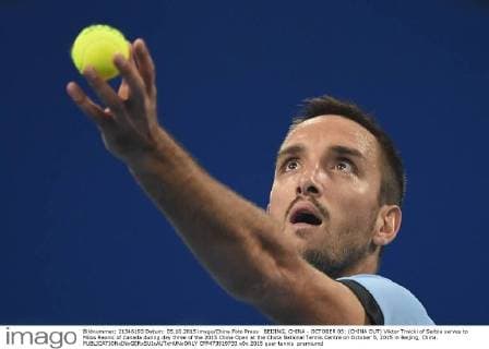 BEIJING, CHINA - OCTOBER 05: (CHINA OUT) Viktor Troicki of Serbia serves to Milos Raonic of Canada during day three of the 2015 China Open at the China National Tennis Centre on October 5, 2015 in Beijing, China.  CFP473919733 
