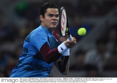 BEIJING, CHINA - OCTOBER 05: (CHINA OUT) Milos Raonic of Canada returns a shot against Viktor Troicki of Serbia during day three of the 2015 China Open at the China National Tennis Centre on October 5, 2015 in Beijing, China.  CFP473919736 