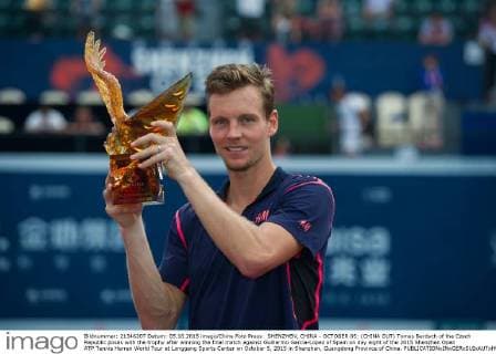 SHENZHEN, CHINA - OCTOBER 05: (CHINA OUT) Tomas Berdych of the Czech Republic poses with the trophy after winning the final match against Guillermo Garcia-Lopez of Spain on day eight of the 2015 Shenzhen Open ATP Tennis Herren World Tour at Longgang Sports Center on October 5, 2015 in Shenzhen, Guangdong Province of China.  CFP473919958 