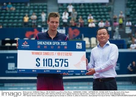 SHENZHEN, CHINA - OCTOBER 05: (CHINA OUT) Tomas Berdych of the Czech Republic poses with the trophy after winning the final match against Guillermo Garcia-Lopez of Spain on day eight of the 2015 Shenzhen Open ATP Tennis Herren World Tour at Longgang Sports Center on October 5, 2015 in Shenzhen, Guangdong Province of China.  CFP473919963 