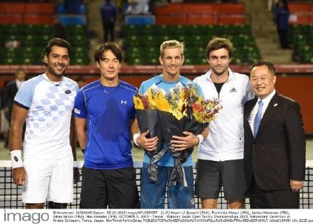(L-R) Aisam Ui Qureshi (PAK), Toshihide Matsui (JPN), Jarkko Nieminen (FIN), Gilles Simon (FRA), Nao Kawatei (JPN), OCTOBER 5, 2015 - Tennis : Rakuten Japan Open Tennis Championships 2015, Retirement Ceremony at Ariake Coliseum, Tokyo, Japan. NoxThirdxPartyxSales  (dlra010448)