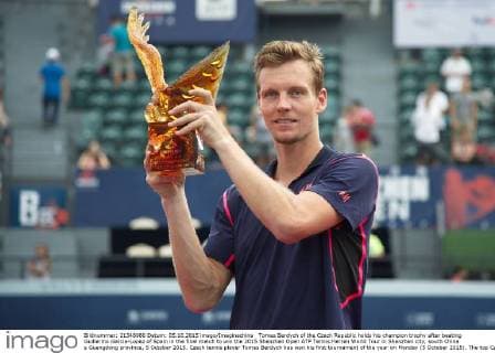 Tomas Berdych of the Czech Republic holds his champion trophy after beating Guillermo Garcia-Lopez of Spain in the final match to win the 2015 Shenzhen Open ATP Tennis Herren World Tour in Shenzhen city, south China s Guangdong province, 5 October 2015. Czech tennis player Tomas Berdych has won his first tournament of the year on Monday (5 October 2015). The top Czech men s singles player beat Spaniard Guillermo Garcia-Lopez in straight sets: 6:3, 7:6 at the Shenzen Open. He came back in the second set after trailing 0:3. The win puts 30-year-old Berdych on clear course to take part in the prestigious year end Masters tournament at the end of the year in London. Berdych beats Garcia-Lopez to win Shenzhen Open  pbu340902_34