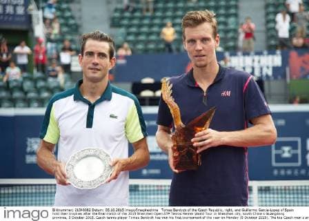 Tomas Berdych of the Czech Republic, right, and Guillermo Garcia-Lopez of Spain hold their trophies after the final match of the 2015 Shenzhen Open ATP Tennis Herren World Tour in Shenzhen city, south China s Guangdong province, 5 October 2015. Czech tennis player Tomas Berdych has won his first tournament of the year on Monday (5 October 2015). The top Czech men s singles player beat Spaniard Guillermo Garcia-Lopez in straight sets: 6:3, 7:6 at the Shenzen Open. He came back in the second set after trailing 0:3. The win puts 30-year-old Berdych on clear course to take part in the prestigious year end Masters tournament at the end of the year in London. Berdych beats Garcia-Lopez to win Shenzhen Open  pbu340902_36