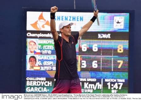 Tomas Berdych of the Czech Republic celebrates after beating Guillermo Garcia-Lopez of Spain in the final match to win the 2015 Shenzhen Open ATP Tennis Herren World Tour in Shenzhen city, south China s Guangdong province, 5 October 2015. Czech tennis player Tomas Berdych has won his first tournament of the year on Monday (5 October 2015). The top Czech men s singles player beat Spaniard Guillermo Garcia-Lopez in straight sets: 6:3, 7:6 at the Shenzen Open. He came back in the second set after trailing 0:3. The win puts 30-year-old Berdych on clear course to take part in the prestigious year end Masters tournament at the end of the year in London. Berdych beats Garcia-Lopez to win Shenzhen Open  pbu340902_39