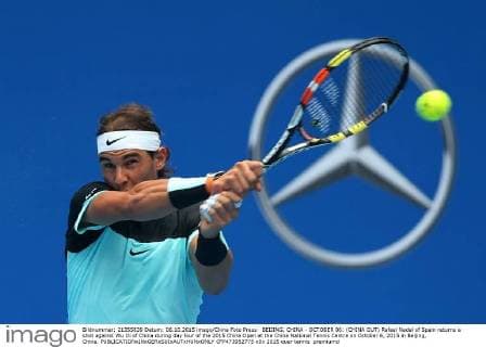 BEIJING, CHINA - OCTOBER 06: (CHINA OUT) Rafael Nadal of Spain returns a shot against Wu Di of China during day four of the 2015 China Open at the China National Tennis Centre on October 6, 2015 in Beijing, China.  CFP473952775 