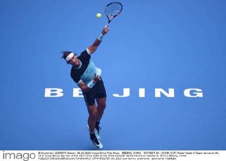 BEIJING, CHINA - OCTOBER 06: (CHINA OUT) Rafael Nadal of Spain serves to Wu Di of China during day four of the 2015 China Open at the China National Tennis Centre on October 6, 2015 in Beijing, China.  CFP473952785 