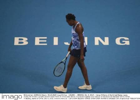 (151006) -- BEIJING, Oct. 6, 2015 -- Venus Williams of the United States reacts during the women s singles second round match of China Open Tennis Tournament against Ana Ivanovic of Serbia at the National Tennis Center in Beijing, capital of China, Oct. 6, 2015. Ivanovic won 2-0. ) (SP)CHINA-BEIJING-TENNIS-CHINA OPEN-WOMEN S SINGLES (CN) XingxGuangli 