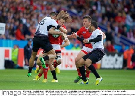 06.10.2015. King Power Stadium, Leicester, England. Rugby World Cup. Canada versus Romania. Canada wing Jeff Hassler is tackled by Romania fullback Catalin Fercu. xTimxWilliamsx  ActionPlus11669559