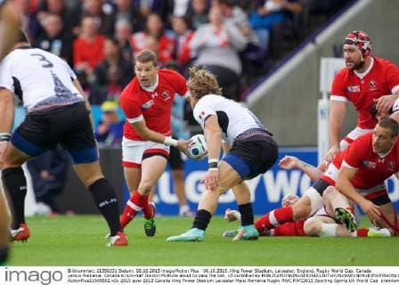 06.10.2015. King Power Stadium, Leicester, England. Rugby World Cup. Canada versus Romania. Canada scrum-half Gordon McRorie about to pass the ball. xTimxWilliamsx  ActionPlus11669562