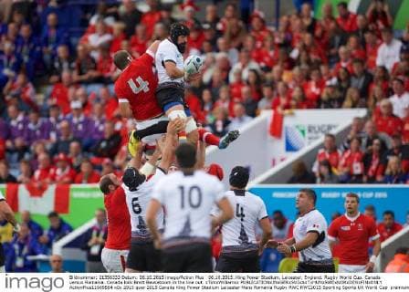 06.10.2015. King Power Stadium, Leicester, England. Rugby World Cup. Canada versus Romania. Canada lock Brett Beukeboom in the line out. xTimxWilliamsx  ActionPlus11669564
