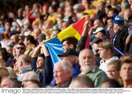 06.10.2015. King Power Stadium, Leicester, England. Rugby World Cup. Canada versus Romania. Romanian fans wave their flag. xTimxWilliamsx  ActionPlus11669615