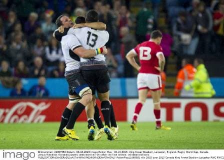 06.10.2015. King Power Stadium, Leicester, England. Rugby World Cup. Canada versus Romania. Romania players celebrate their win after the final whistle. xGrahamxWilsonx  ActionPlus11669681
