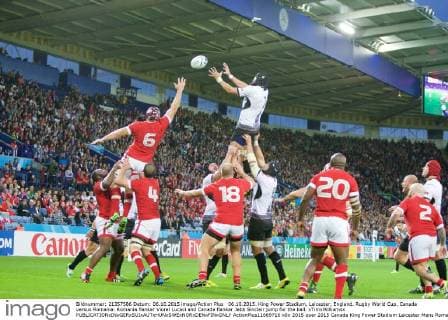 06.10.2015. King Power Stadium, Leicester, England. Rugby World Cup. Canada versus Romania. Romania flanker Viorel Lucaci and Canada flanker Jebb Sinclair jump for the ball. xTimxWilliamsx  ActionPlus11669716
