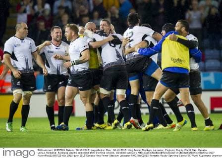 06.10.2015. King Power Stadium, Leicester, England. Rugby World Cup. Canada versus Romania. Romania players celebrate after the final whistle. xGrahamxWilsonx  ActionPlus11669725