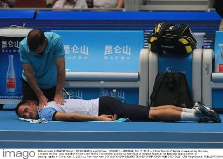 (151007) -- BEIJING, Oct. 7, 2015 -- Viktor Troicki of Serbia is seen during the men s singles second round match of China Open Tennis Tournament against Lu Yen-Hsun of Chinese Taipei at the National Tennis Center in Beijing, capital of China, Oct. 7, 2015. Lu Yen-Hsun won 2-0.) (SP)CHINA-BEIJING-TENNIS-CHINA OPEN-MEN S SINGLES (CN) XingxGuangli 