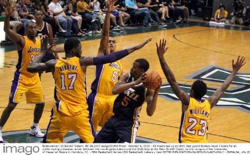 October 6, 2015 - All hands are up as Utah Jazz guard Rodney Hood 5 looks for an outlet during preseason action between the Los Angeles Lakers and the Utah Jazz at the Stan Sheriff Center on the campus of the University of Hawaii at Manoa in Honolulu, HI. - NBA Basketball Herren USA Basketball: Lakers v Jazz OCT06 - ZUMAc04_