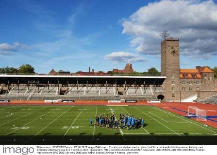 Stockholms stadion med en plan ritad för amerikansk fotboll under en träning med Sveriges fotbollslandslag den 7 oktober 2015 i Stockholm.  Copyright: JOELxMARKLUND BB151007JM002