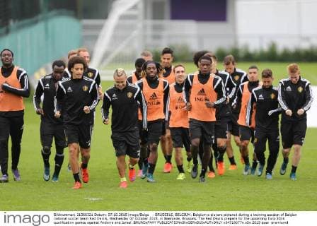 - BRUSSELS, BELGIUM: Belgium s players pictured during a training session of Belgian national soccer team Red Devils, Wednesday 07 October 2015, in Neerpede, Brussels. The Red Devils prepare for the upcoming Euro 2016 qualification games against Andorra and Israel. BRUNOxFAHY  x04716077x