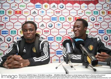 - BRUSSELS, BELGIUM: Belgium s Jordan Lukaku and Belgium s Romelu Lukaku pictured during a press conference PK Pressekonferenz of Belgian national soccer team Red Devils, Wednesday 07 October 2015, in Neerpede, Brussels. The Red Devils prepare for the upcoming Euro 2016 qualification games against Andorra and Israel. BRUNOxFAHY  x04716159x