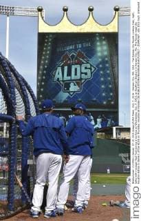 Oct. 7, 2015 - Kansas City, MO, USA - The Kansas City Royals Lorenzo Cain, right, talks with manager Ned Yost during a workout on Wednesday, Oct. 7, 2015, at Kauffman Stadium in Kansas City, Mo. The Royals meet the Houston Astros in Game 1 of the ALDS on Thursday. Houston at Kansas City - ZUMAm67_