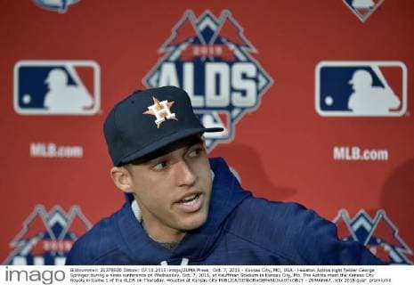Oct. 7, 2015 - Kansas City, MO, USA - Houston Astros right fielder George Springer during a news conference on Wednesday, Oct. 7, 2015, at Kauffman Stadium in Kansas City, Mo. The Astros meet the Kansas City Royals in Game 1 of the ALDS on Thursday. Houston at Kansas City - ZUMAm67_