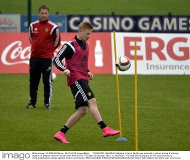 - ZAVENTEM, BELGIUM: Belgium s Kevin De Bruyne pictured in action during a training session of Belgian national soccer team Red Devils, Thursday 08 October 2015, in Zaventem. The Red Devils prepare for the upcoming Euro 2016 qualification games against Andorra and Israel. ERICxLALMAND  x04716692x