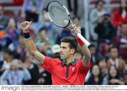 (151008) -- BEIJING, Oct. 8, 2015 -- Novak Djokovic of Serbia celebrates his victory over Zhang Ze of China during the men s singles second round match at the China Open tennis tournament in Beijing, China, Oct. 8, 2015. Djokovic was qualified for the next round after beating Zhang 2-0. ) (SP)CHINA-BEIJING-TENNIS-CHINA OPEN-MEN S SINGLES-DJOKOVIC XingxGuangli 