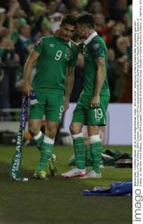 8th Oct 2015 - Shane Long of Rep of Ireland after his stunning goal with Robbie Brady of Rep of Ireland, UEFA European Championship EM Europameisterschaft 2016 Qualifying Round. Republic of Ireland. Republic of Ireland. vs. Germany. Aviva Stadium, Dublin UEFA European Championship 2016 Qualifying Round. Republic of Ireland. Republic of Ireland. vs. Germany. Aviva Stadium, Dublin 