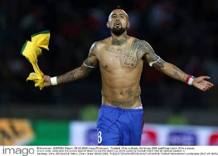 Football, Chile vs Brazil. World cup 2018 qualifying match. Chile s player, Arturo Vidal, celebrates the victory against Brazil during the World cup 2018 qualifying football match held at national stadium in Santiago, Chile. 08 10 2015 Futbol, Chile v Brasil 08 10 2015. 