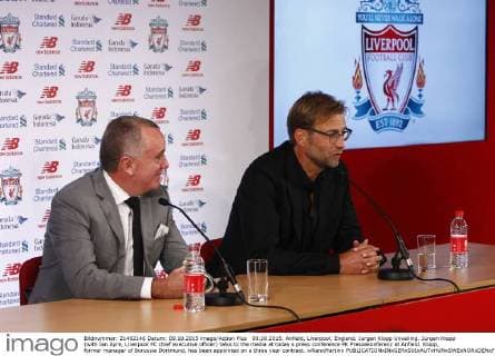 09.10.2015. Anfield, Liverpool, England. Jurgen Klopp Unveiling. Jurgen Klopp (with Ian Ayre, Liverpool FC chief executive officer) talks to the media at today s press conference PK Pressekonferenz at Anfield. Klopp, former manager of Borussia Dortmund, has been appointed on a three year contract. xAlanxMartinx  ActionPlus11670350