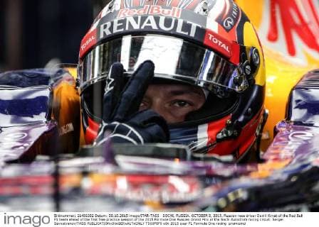 SOCHI, RUSSIA. OCTOBER 9, 2015. Russian race driver Daniil Kvyat of the Red Bull F1 team ahead of the first free practice session of the 2015 Formula One Russian Grand Prix at the Sochi Autodrom racing circuit. Sergei Savostyanov TASS  TS00F6F0