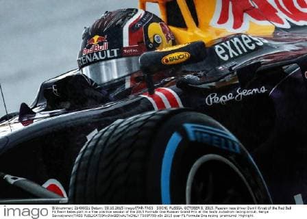 SOCHI, RUSSIA. OCTOBER 9, 2015. Russian race driver Daniil Kvyat of the Red Bull F1 Team takes part in a free practice session of the 2015 Formula One Russian Grand Prix at the Sochi Autodrom racing circuit. Sergei Savostyanov TASS  TS00F750