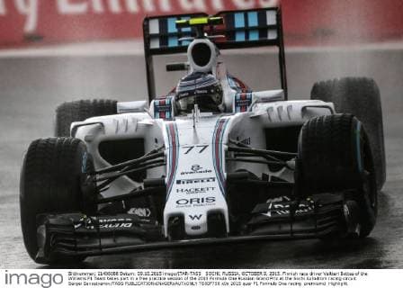 SOCHI, RUSSIA. OCTOBER 9, 2015. Finnish race driver Valtteri Bottas of the Williams F1 Team takes part in a free practice session of the 2015 Formula One Russian Grand Prix at the Sochi Autodrom racing circuit. Sergei Savostyanov TASS  TS00F758