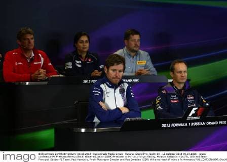 Russian Grand Prix, Sochi 08 - 11 October 2015 09.10.2015 - press conference PK Pressekonferenz (Back) Graeme Lowdon (GBR) President of Marussia Virgin Racing, Monisha Kaltenborn (AUT), CEO and Team Principal, Sauber F1 Team, Paul Hembery, Pirelli Motorspor Director and Rob Smedley (GBR) Williams Head of Vehicle Performance 