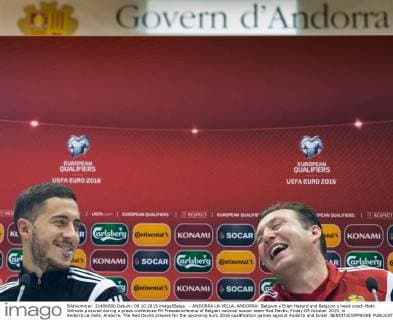 - ANDORRA LA VELLA, ANDORRA: Belgium s Eden Hazard and Belgium s head coach Marc Wilmots pictured during a press conference PK Pressekonferenz of Belgian national soccer team Red Devils, Friday 09 October 2015, in Andorra La Vella, Andorra. The Red Devils prepare for the upcoming Euro 2016 qualification games against Andorra and Israel. BENOITxDOPPAGNE  x04717367x