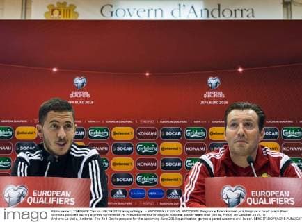 - ANDORRA LA VELLA, ANDORRA: Belgium s Eden Hazard and Belgium s head coach Marc Wilmots pictured during a press conference PK Pressekonferenz of Belgian national soccer team Red Devils, Friday 09 October 2015, in Andorra La Vella, Andorra. The Red Devils prepare for the upcoming Euro 2016 qualification games against Andorra and Israel. BENOITxDOPPAGNE  x04717366x