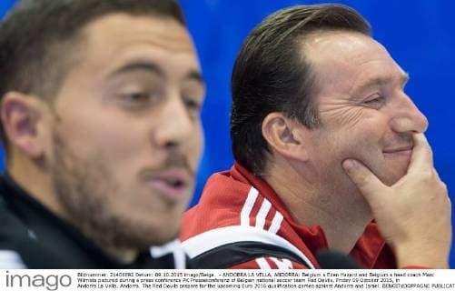 - ANDORRA LA VELLA, ANDORRA: Belgium s Eden Hazard and Belgium s head coach Marc Wilmots pictured during a press conference PK Pressekonferenz of Belgian national soccer team Red Devils, Friday 09 October 2015, in Andorra La Vella, Andorra. The Red Devils prepare for the upcoming Euro 2016 qualification games against Andorra and Israel. BENOITxDOPPAGNE  x04717374x