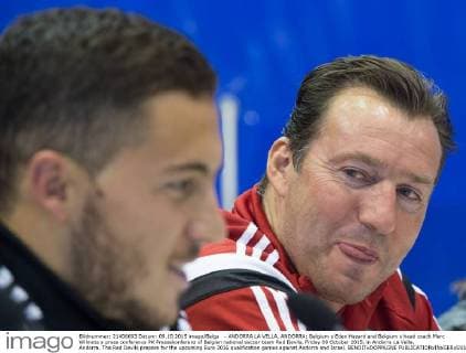 - ANDORRA LA VELLA, ANDORRA: Belgium s Eden Hazard and Belgium s head coach Marc Wilmots a press conference PK Pressekonferenz of Belgian national soccer team Red Devils, Friday 09 October 2015, in Andorra La Vella, Andorra. The Red Devils prepare for the upcoming Euro 2016 qualification games against Andorra and Israel. BENOITxDOPPAGNE  x04717375x