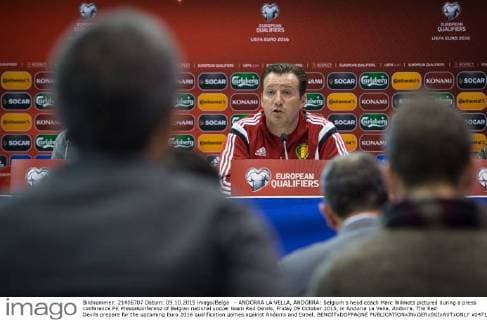- ANDORRA LA VELLA, ANDORRA: Belgium s head coach Marc Wilmots pictured during a press conference PK Pressekonferenz of Belgian national soccer team Red Devils, Friday 09 October 2015, in Andorra La Vella, Andorra. The Red Devils prepare for the upcoming Euro 2016 qualification games against Andorra and Israel. BENOITxDOPPAGNE  x04717370x