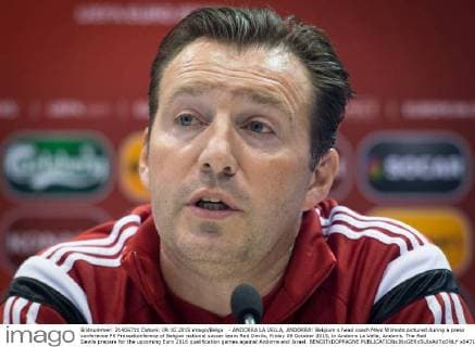 - ANDORRA LA VELLA, ANDORRA: Belgium s head coach Marc Wilmots pictured during a press conference PK Pressekonferenz of Belgian national soccer team Red Devils, Friday 09 October 2015, in Andorra La Vella, Andorra. The Red Devils prepare for the upcoming Euro 2016 qualification games against Andorra and Israel. BENOITxDOPPAGNE  x04717377x
