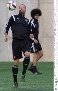 - ANDORRA LA VELLA, ANDORRA: Belgium s Laurent Depoitre and Belgium s Marouane Fellaini pictured during a training session of Belgian national soccer team Red Devils, Friday 09 October 2015, in Andorra La Vella, Andorra. The Red Devils prepare for the upcoming Euro 2016 qualification games against Andorra and Israel. BENOITxDOPPAGNE  x04717433x