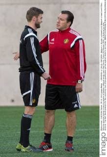 - ANDORRA LA VELLA, ANDORRA: Belgium s Nicolas Lombaerts and Belgium s head coach Marc Wilmots pictured during a training session of Belgian national soccer team Red Devils, Friday 09 October 2015, in Andorra La Vella, Andorra. The Red Devils prepare for the upcoming Euro 2016 qualification games against Andorra and Israel. BENOITxDOPPAGNE  x04717435x