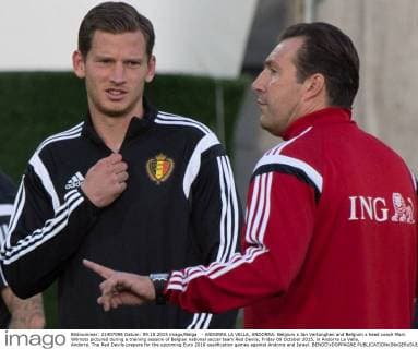 - ANDORRA LA VELLA, ANDORRA: Belgium s Jan Vertonghen and Belgium s head coach Marc Wilmots pictured during a training session of Belgian national soccer team Red Devils, Friday 09 October 2015, in Andorra La Vella, Andorra. The Red Devils prepare for the upcoming Euro 2016 qualification games against Andorra and Israel. BENOITxDOPPAGNE  x04717423x