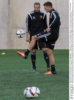 - ANDORRA LA VELLA, ANDORRA: Belgium s Laurent Depoitre and Belgium s Thomas Meunier pictured during a training session of Belgian national soccer team Red Devils, Friday 09 October 2015, in Andorra La Vella, Andorra. The Red Devils prepare for the upcoming Euro 2016 qualification games against Andorra and Israel. BENOITxDOPPAGNE  x04717426x
