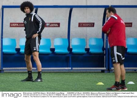 - ANDORRA LA VELLA, ANDORRA: Belgium s Marouane Fellaini and Belgium s head coach Marc Wilmots pictured during a training session of Belgian national soccer team Red Devils, Friday 09 October 2015, in Andorra La Vella, Andorra. The Red Devils prepare for the upcoming Euro 2016 qualification games against Andorra and Israel. BENOITxDOPPAGNE  x04717421x