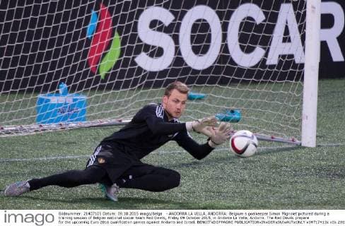 - ANDORRA LA VELLA, ANDORRA: Belgium s goalkeeper Simon Mignolet pictured during a training session of Belgian national soccer team Red Devils, Friday 09 October 2015, in Andorra La Vella, Andorra. The Red Devils prepare for the upcoming Euro 2016 qualification games against Andorra and Israel. BENOITxDOPPAGNE  x04717413x