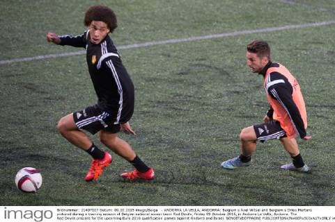 - ANDORRA LA VELLA, ANDORRA: Belgium s Axel Witsel and Belgium s Dries Mertens pictured during a training session of Belgian national soccer team Red Devils, Friday 09 October 2015, in Andorra La Vella, Andorra. The Red Devils prepare for the upcoming Euro 2016 qualification games against Andorra and Israel. BENOITxDOPPAGNE  x04717415x