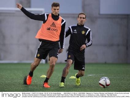 - ANDORRA LA VELLA, ANDORRA: Belgium s Thomas Meunier and Belgium s Sven Kums pictured during a training session of Belgian national soccer team Red Devils, Friday 09 October 2015, in Andorra La Vella, Andorra. The Red Devils prepare for the upcoming Euro 2016 qualification games against Andorra and Israel. BENOITxDOPPAGNE  x04717449x